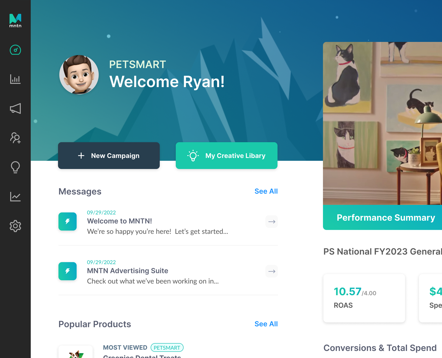 MNTN platform home with a welcome banner, performance cards, and a chart
